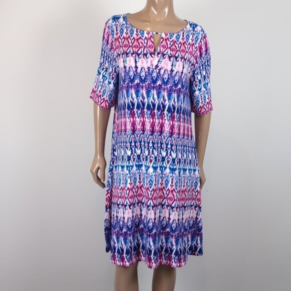Chicos Ikat Print Dress Short Sleeve Keyhole Neck Casual Summer Jersey Stretch - Picture 13 of 14